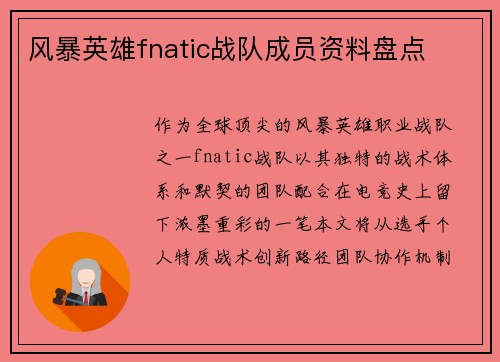 风暴英雄fnatic战队成员资料盘点