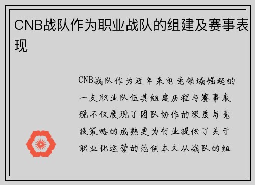 CNB战队作为职业战队的组建及赛事表现
