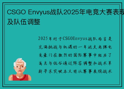 CSGO Envyus战队2025年电竞大赛表现及队伍调整