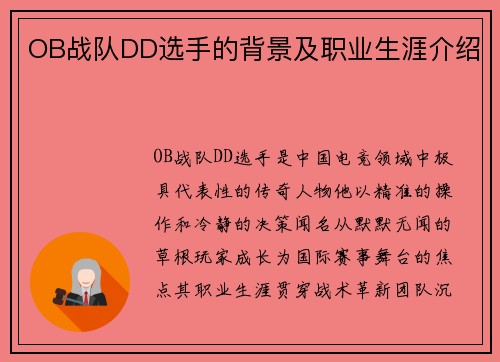OB战队DD选手的背景及职业生涯介绍